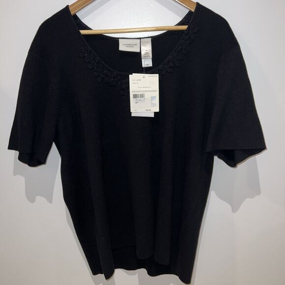 Liz Claiborne Woman's Black Linen Cotton Short Sleeve Sweater Floral Applique 2X - Picture 2 of 16